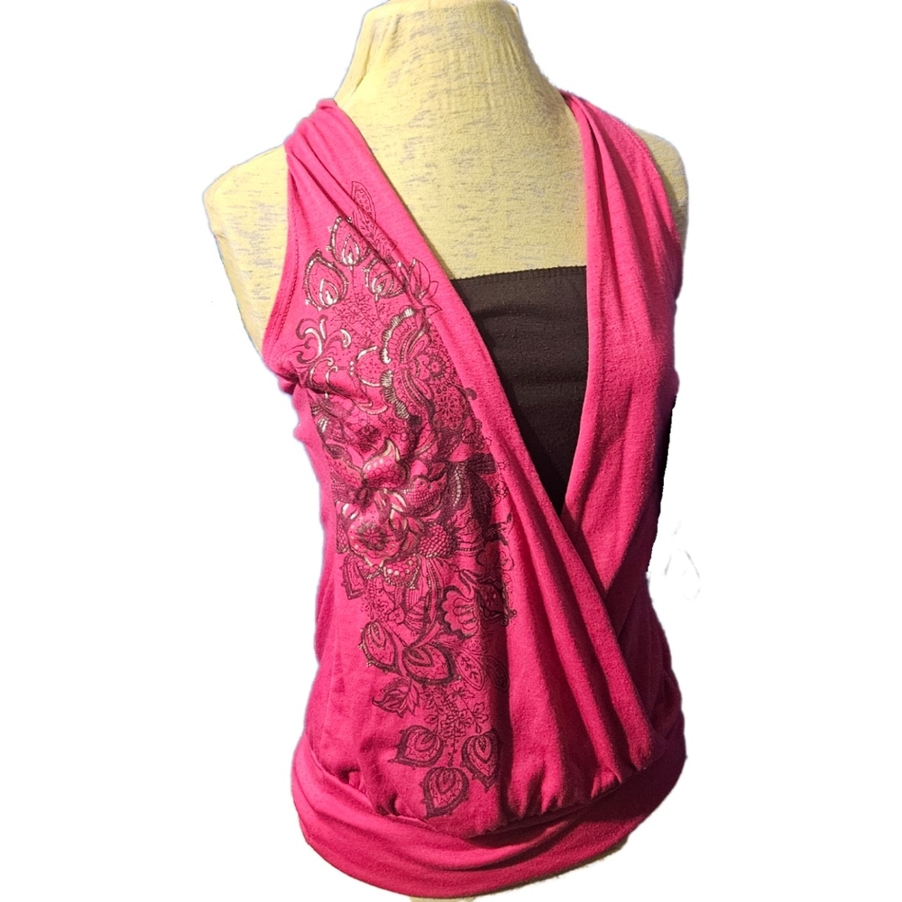 Pink Wrap Addictive V-Neck Halter Top Wrap Blouse with Black Embellishments